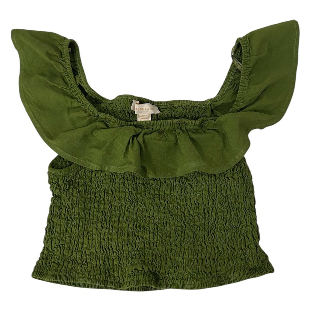 Monteau Los Angeles Women's Smocked Crop Top Ruffle Neck and Sleeves Linen Blend